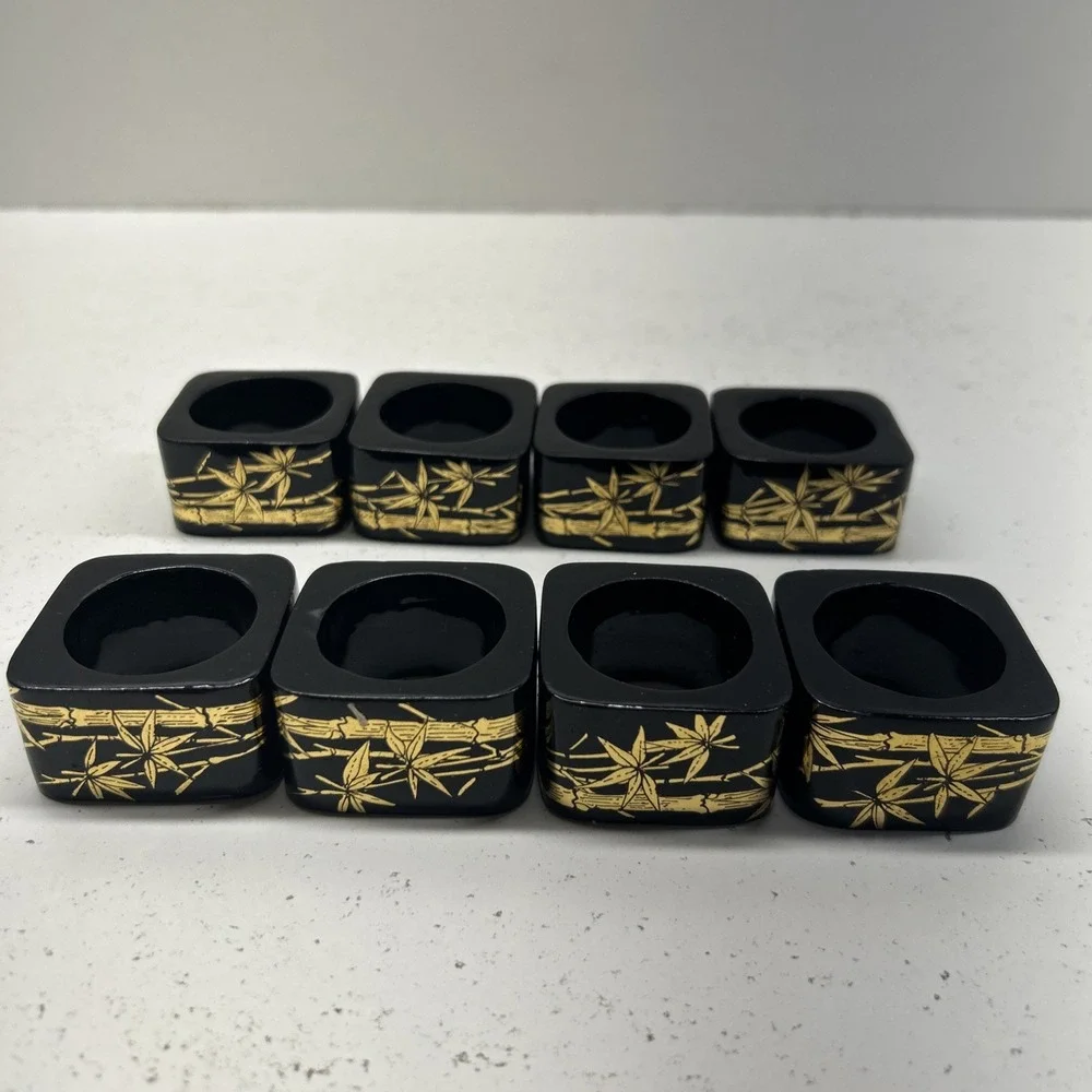 Vintage Black Lacquer Napkin Rings Set of 8 Gold Bamboo Asian Table Decor